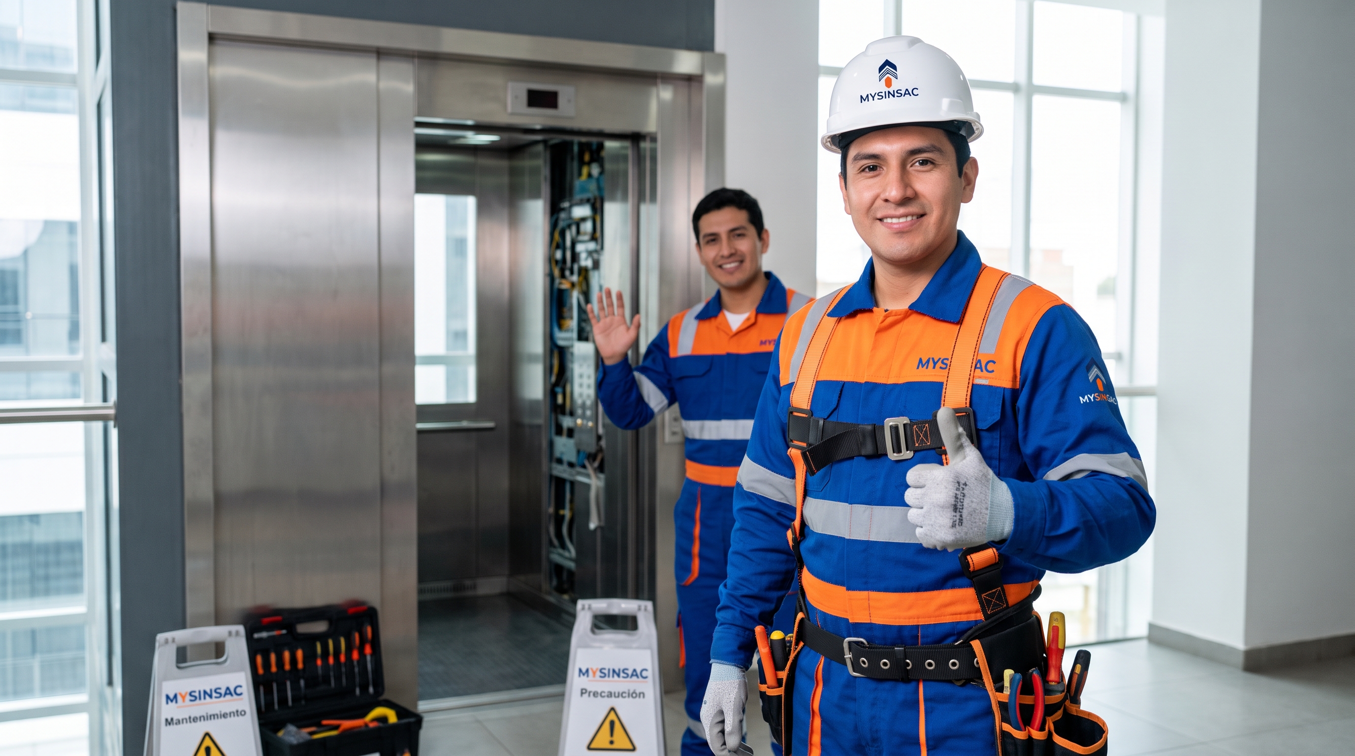 Técnicos MYSINSAC frente a ascensor en mantenimiento